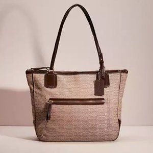 Coach 25078 Poppy Oxford Large Signature Tote with Brown Patent Leather